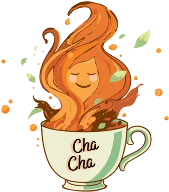 ChaCha, FluenTea's language coach: a friendly figure rising from a cup of tea